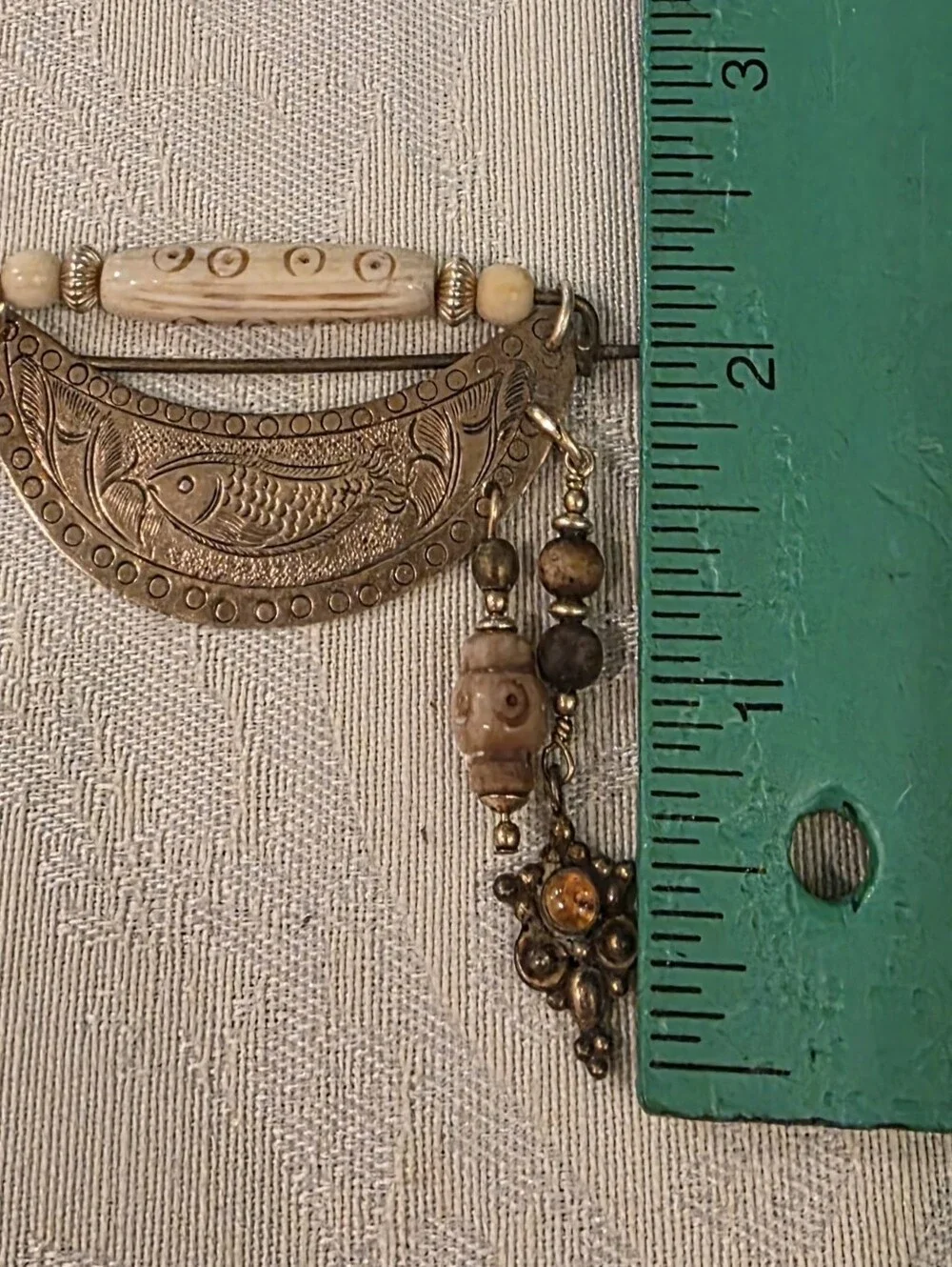 Vintage Hmong Miao Engraved Curved Brass Plate -Safety-Pin Style Brooch